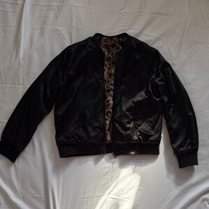 American Eagle Black Reversible Bomber Jacket with Faux Fur Leopard Lining